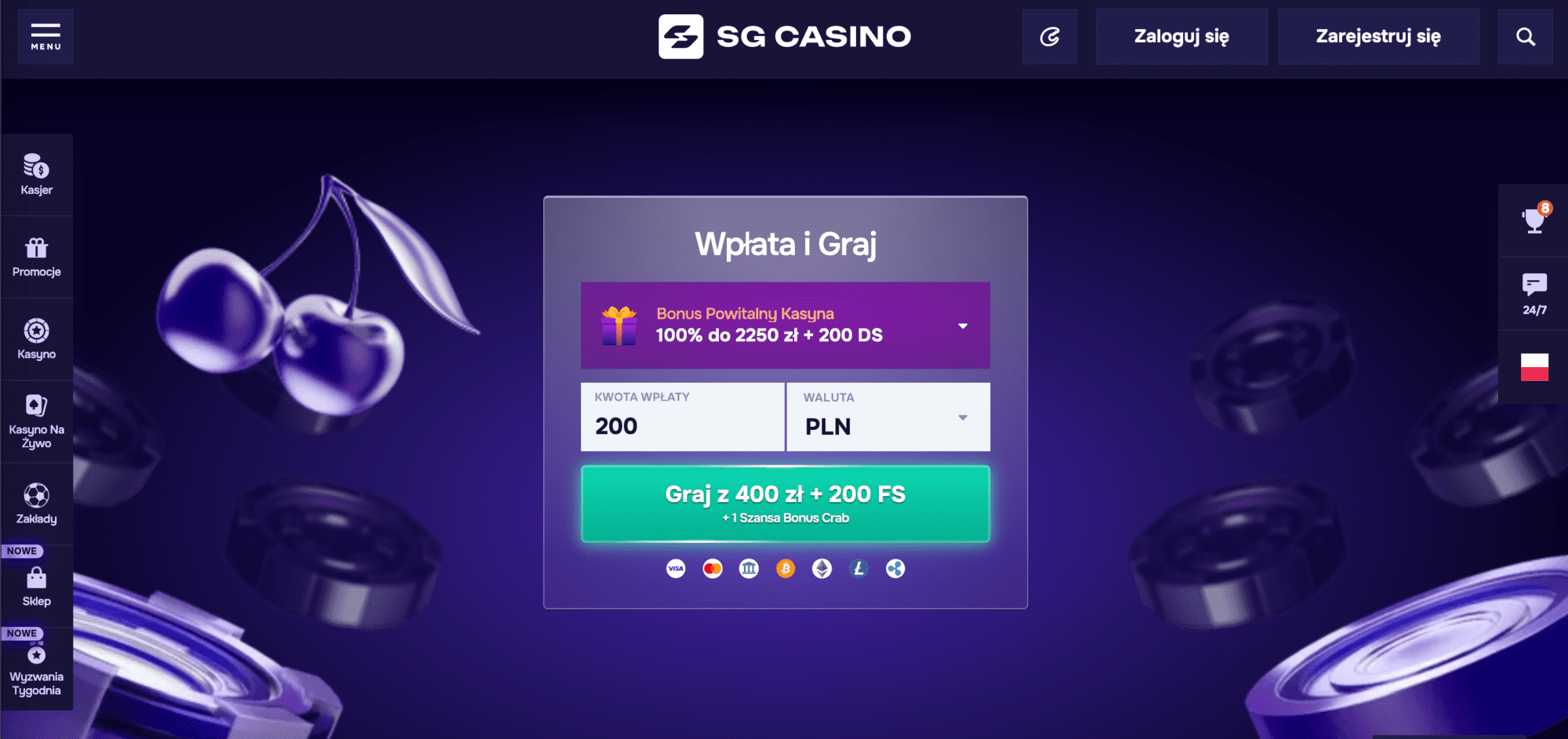 SG Casino homepage of the website